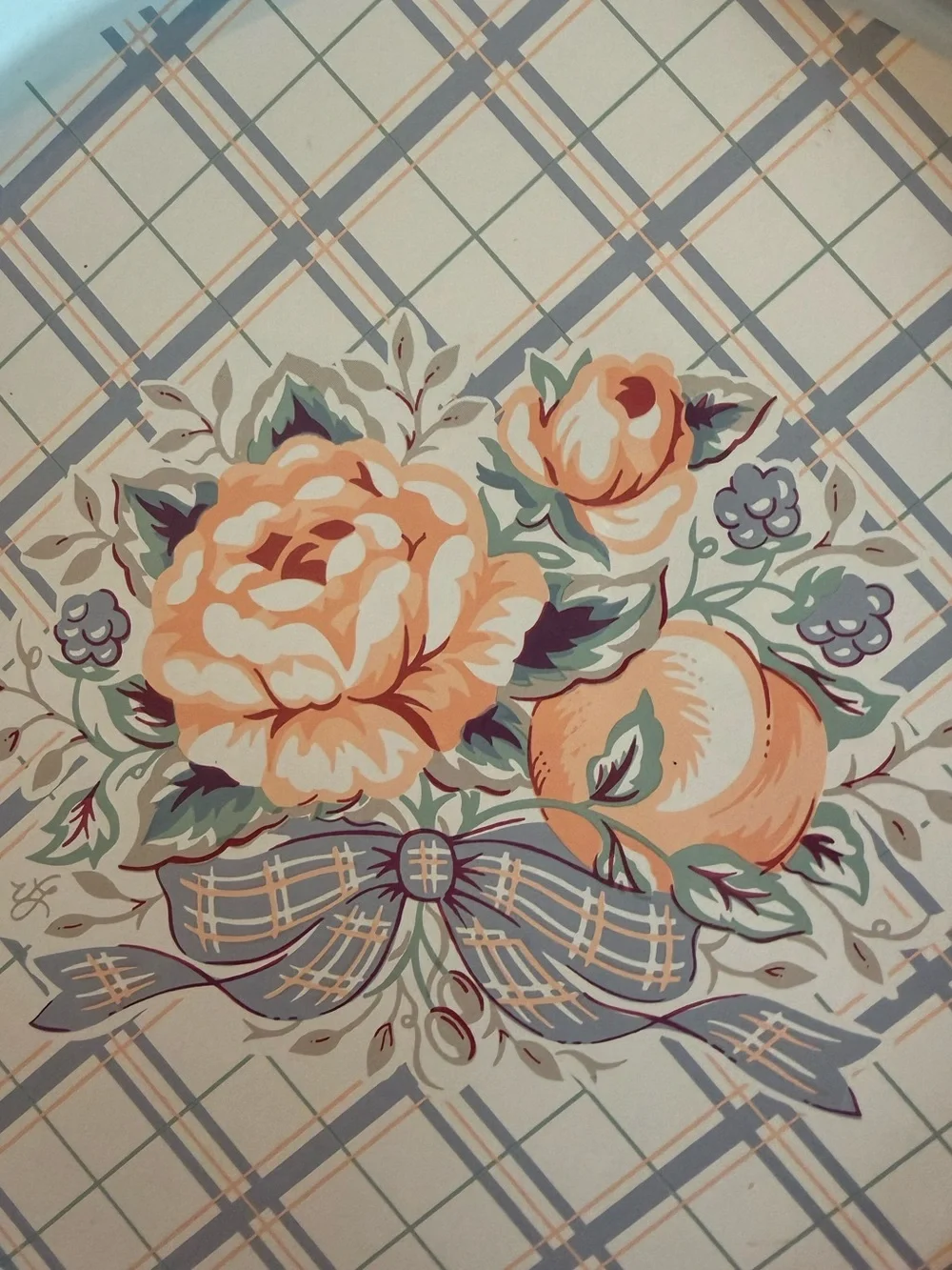 Floral Metal Serving Tray in Pastel Peach and Dusty Blue